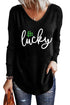 Black Lucky Clover Graphic Print V Neck Top